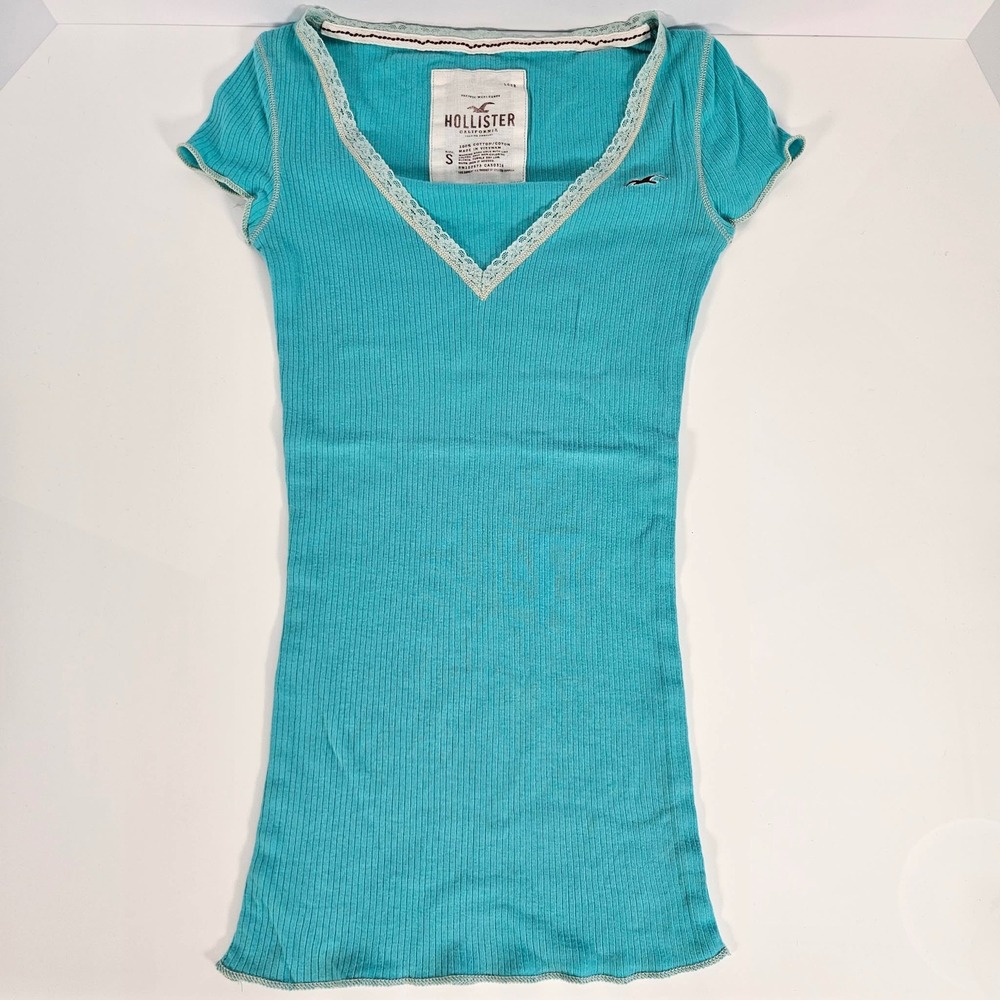 Hollister Ribbed Lace Trim V-Neck Top Turquoise Blue Short Sleeve Y2K Small